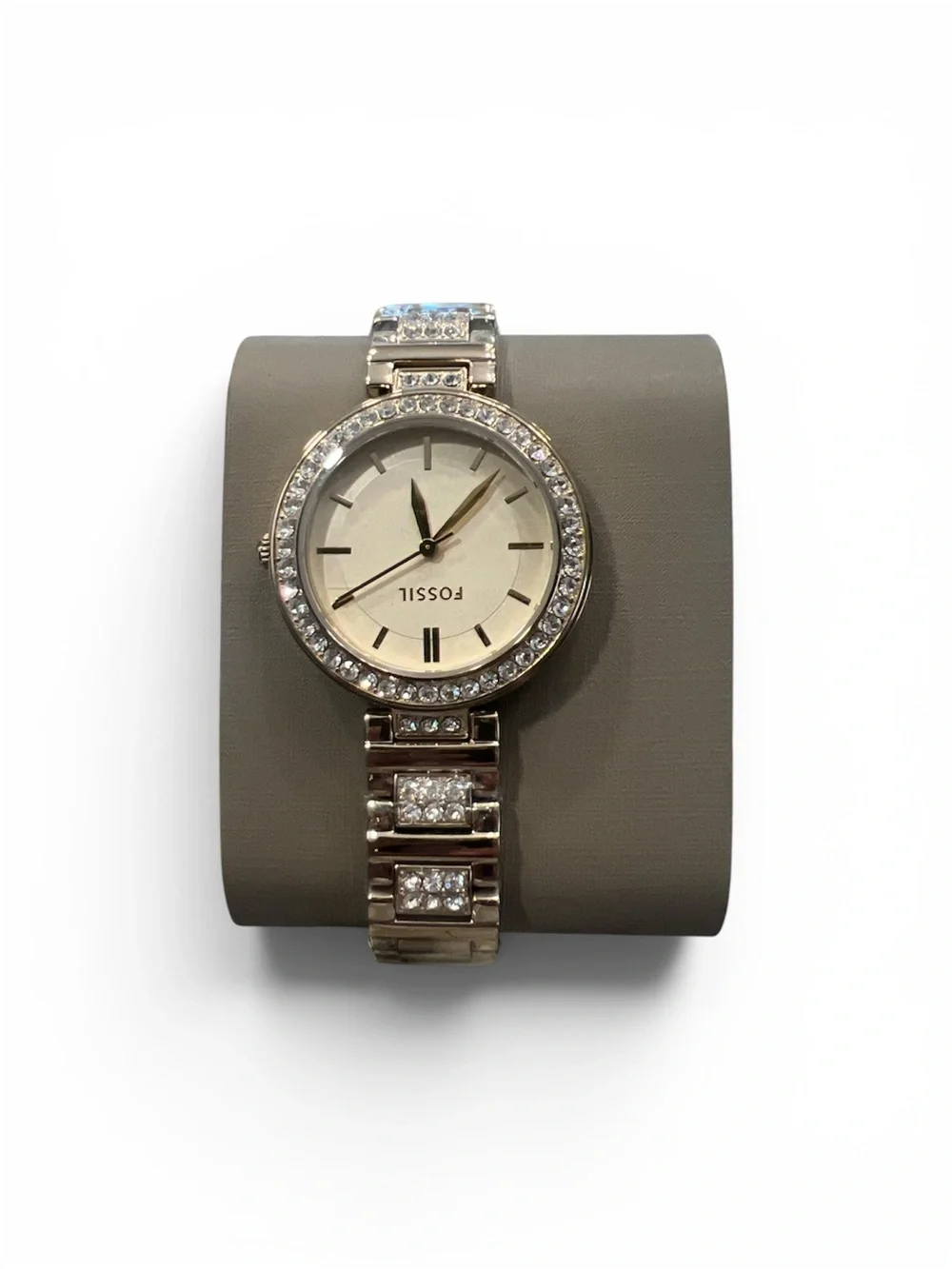 Fossil Women’s Silver Stainless Bracelet Analog Gem-Set Bezel Watch w/ Box